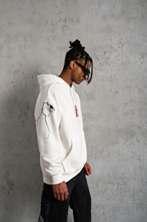 Erkek OversizeKapüşonlu Sweatshirt - 'Don t Be Terrified'  Beyaz