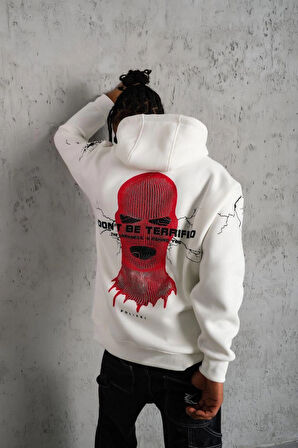 Erkek OversizeKapüşonlu Sweatshirt - 'Don t Be Terrified'  Beyaz
