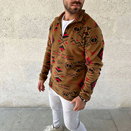 Erkek Yarım Fermuarlı Desenli Polar Sweat Kahverengi