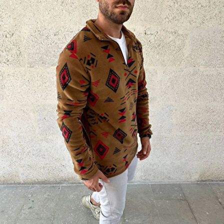 Erkek Yarım Fermuarlı Desenli Polar Sweat Kahverengi