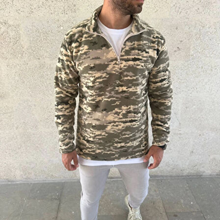 Erkek Yarım Fermuarlı Desenli Polar Sweat - Haki