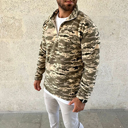 Erkek Yarım Fermuarlı Desenli Polar Sweat - Haki