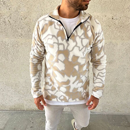 Erkek Yarım Fermuarlı Desenli Polar Sweat Yakalı, Uzun Kollu, Oversize Rahat Kalıp - Bej