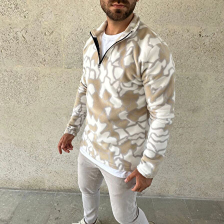 Erkek Yarım Fermuarlı Desenli Polar Sweat Yakalı, Uzun Kollu, Oversize Rahat Kalıp - Bej