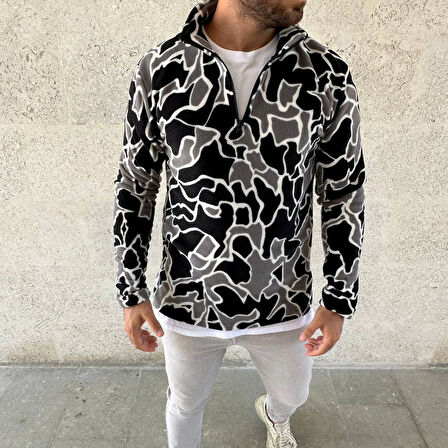 Erkek Yarım Fermuarlı Desenli Polar Sweat Yakalı, Uzun Kollu, Oversize Rahat Kalıp - Siyah