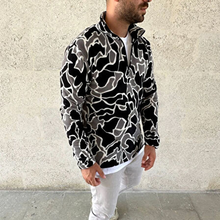 Erkek Yarım Fermuarlı Desenli Polar Sweat Yakalı, Uzun Kollu, Oversize Rahat Kalıp - Siyah