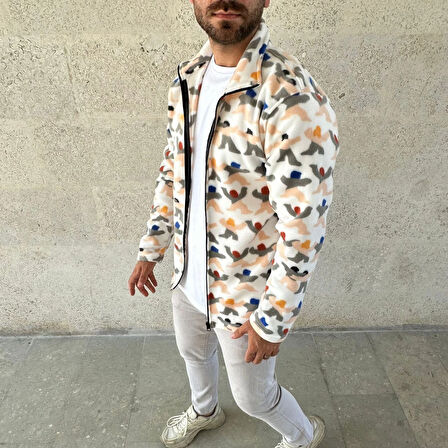 Erkek Tam Fermuarlı Desenli Polar Sweat - Beyaz