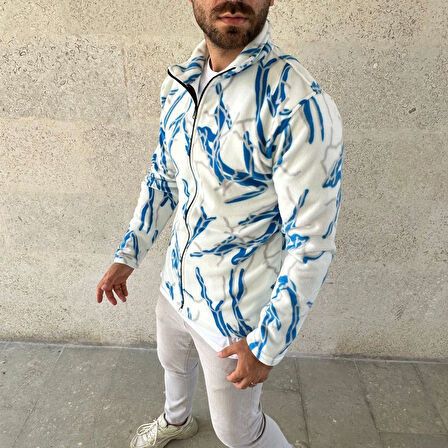Erkek Tam Fermuarlı Desenli Polar Sweat - Beyaz