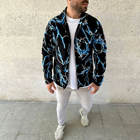 Erkek Tam Fermuarlı Desenli Polar Sweat - Siyah