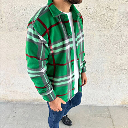 Erkek Ekose Desenli Düğmeli Polar Yakalı Uzun Kollu Gömlek Oversize Rahat Kalıp - Yeşil