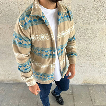 Erkek Desenli Polar Gömlek - Etnik Şerit Desen Yakalı, Uzun Kollu, Düğmeli, Oversize Rahat Kalıp - Sarı