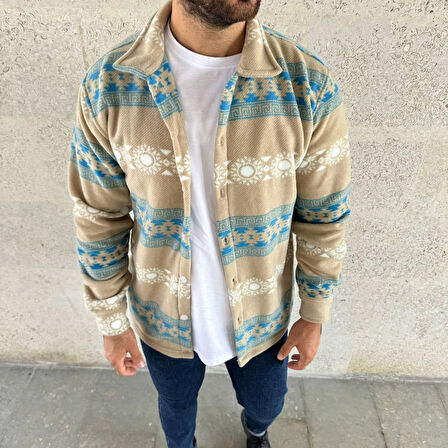 Erkek Desenli Polar Gömlek - Etnik Şerit Desen Yakalı, Uzun Kollu, Düğmeli, Oversize Rahat Kalıp - Sarı