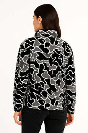 KADIN Yarım Fermuarlı Desenli Polar Sweat Yakalı, Uzun Kollu, Oversize Rahat Kalıp - Siyah