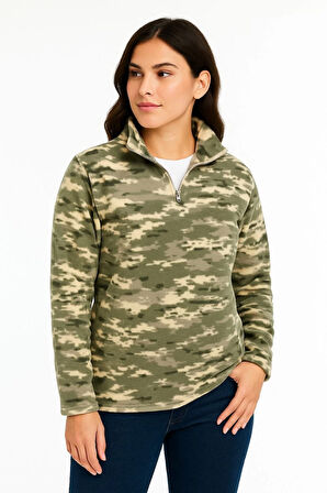 Kadın Yarım Fermuarlı Desenli Polar Sweat - Haki Kamuflaj Yakalı, Uzun Kollu, Oversize Rahat Kalıp - Haki