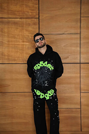 Erkek Kapüşonlu Eşofman Takım Örümcek Ağı ve Neon Yeşil Baskılı Kanguru cepli Oversize Rahat Kalıp, Premium Üç İplik Kumaş - Siyah