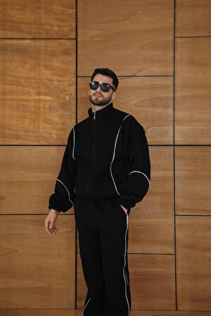 Erkek Premium Parçalı Eşofman Takım - Dik Yaka Fermuarlı Biyeli Sweatshirt Lastik Paça Alt, Oversize 3 iplik Şardonlu - Siyah