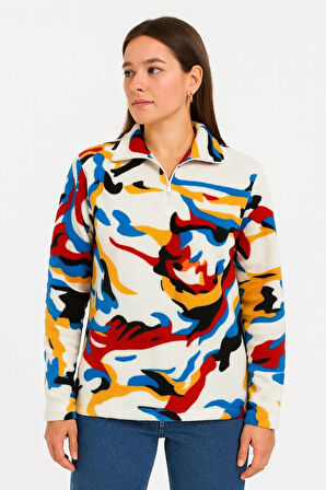 Kadın Yarım Fermuarlı Desenli Polar Sweat - Renkli Abstract Desen Yakalı, Uzun Kollu, Oversize Rahat Kalıp - Beyaz