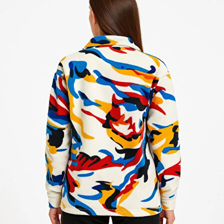 Kadın Yarım Fermuarlı Desenli Polar Sweat - Renkli Abstract Desen Yakalı, Uzun Kollu, Oversize Rahat Kalıp - Beyaz