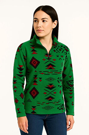 Kadın Yarım Fermuarlı Desenli Polar Sweat Tribal Etnik Desen Yakalı, Uzun Kollu, Oversize Rahat Kalıp - Yeşil