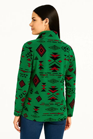 Kadın Yarım Fermuarlı Desenli Polar Sweat Tribal Etnik Desen Yakalı, Uzun Kollu, Oversize Rahat Kalıp - Yeşil