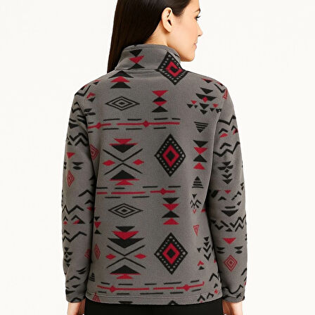 Kadın Yarım Fermuarlı Desenli Polar Sweat Tribal Etnik Desen Yakalı, Uzun Kollu, Oversize Rahat Kalıp - Füme