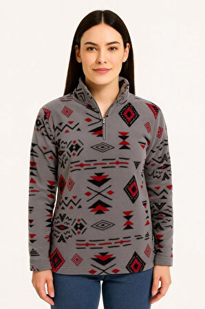 Kadın Yarım Fermuarlı Desenli Polar Sweat Tribal Etnik Desen Yakalı, Uzun Kollu, Oversize Rahat Kalıp - Füme