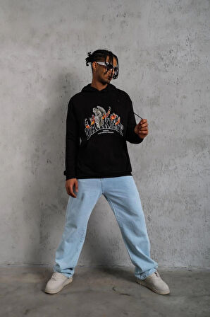 Erkek Oversize Kapüşonlu Sweatshirt - Siyah Renk Üç İplik İçi Pamuklu Kanguru Cepli Baskılı Hoodie Rahat Kalıp Kışlık Günlük Kombinlere Uygun - Siyah