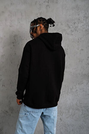 Erkek Oversize Kapüşonlu Sweatshirt - Siyah Renk Üç İplik İçi Pamuklu Kanguru Cepli Baskılı Hoodie Rahat Kalıp Kışlık Günlük Kombinlere Uygun - Siyah