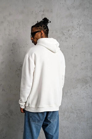 Erkek Oversize Kapüşonlu Sweatshirt - Beyaz Renk Üç İplik İçi Pamuklu Kanguru Cepli Baskılı Hoodie Rahat Kalıp Kışlık Günlük Kombinlere Uygun - Beyaz