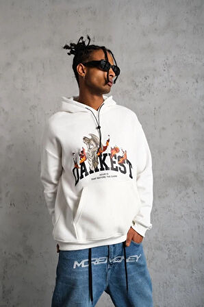 Erkek Oversize Kapüşonlu Sweatshirt - Beyaz Renk Üç İplik İçi Pamuklu Kanguru Cepli Baskılı Hoodie Rahat Kalıp Kışlık Günlük Kombinlere Uygun - Beyaz