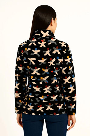 Kadın Tam Fermuarlı Desenli Polar Sweat - Siyah Multicolor Figür Desen Yakalı, Uzun Kollu, Oversize Rahat Kalıp - Siyah