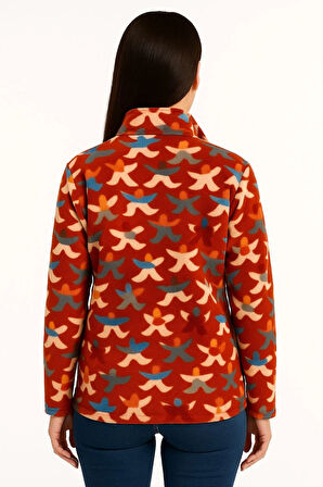 Tam Fermuarlı Desenli Polar Sweat - Siyah Multicolor Figür Desen Yakalı, Uzun Kollu, Oversize Rahat Kalıp - Kiremit