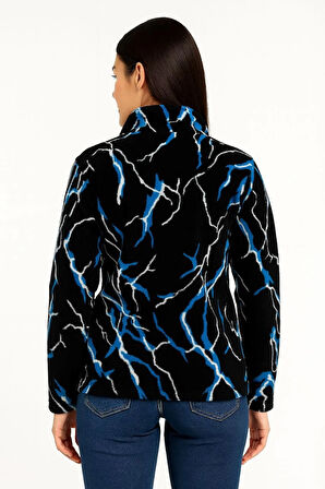 Kadın Tam Fermuarlı Desenli Polar Sweat Lightning Desen Yakalı, Uzun Kollu, Oversize Rahat Kalıp - Siyah
