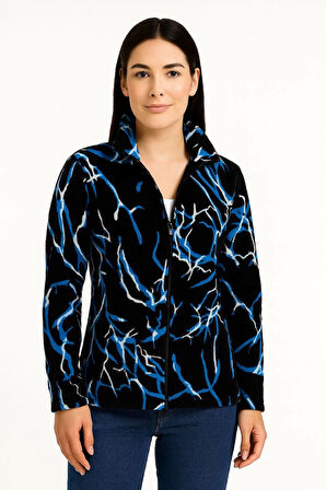 Kadın Tam Fermuarlı Desenli Polar Sweat Lightning Desen Yakalı, Uzun Kollu, Oversize Rahat Kalıp - Siyah