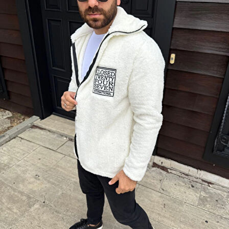 Erkek Polar Fermuarlı Sweatshirt - Kapüşonsuz, Cepli, Yumuşak Dokulu, Oversize Rahat Kalıp, Kışlık Sıcak Tutan Fermuarlı Üst - Beyaz