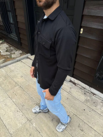 Diagonal Kumaş Cepli Çıtçıtlı uzun Kollu, Gömlek Oversize Rahat Kalıp Günlük Şık Stil - Siyah