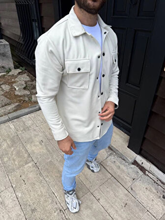 Erkek Diagonal Kumaş Cepli Çıtçıtlı uzun Kollu, Gömlek Oversize Rahat Kalıp Günlük Şık Stil - Beyaz