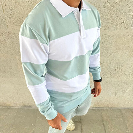 Polo Yaka Uzun Kollu Çizgili Sweatshirt Trend Rugby Stil - Çağla Yeşili