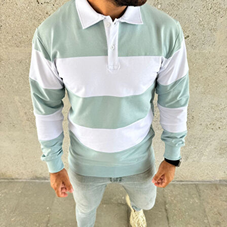 Polo Yaka Uzun Kollu Çizgili Sweatshirt Trend Rugby Stil - Çağla Yeşili