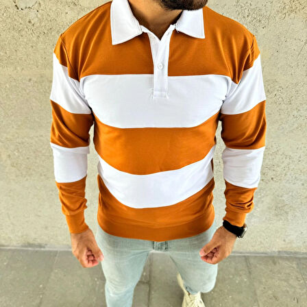Polo Yaka Uzun Kollu Çizgili Sweatshirt Trend Rugby Stil - Turuncu