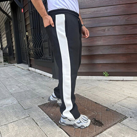 Üç İplik Kışlık Pamuklu Yandan Garneli Kalın Şeritli Cepli Eşofman Altı - Siyah