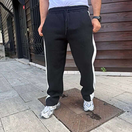 Üç İplik Kışlık Pamuklu Yandan Garneli Kalın Şeritli Cepli Eşofman Altı - Siyah