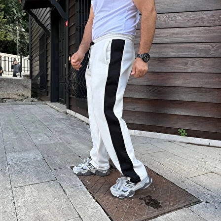 Üç İplik Kışlık Pamuklu Yandan Garneli Kalın Şeritli Cepli Eşofman Altı - Beyaz