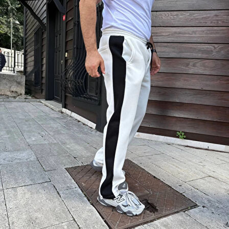 Üç İplik Kışlık Pamuklu Yandan Garneli Kalın Şeritli Cepli Eşofman Altı - Beyaz