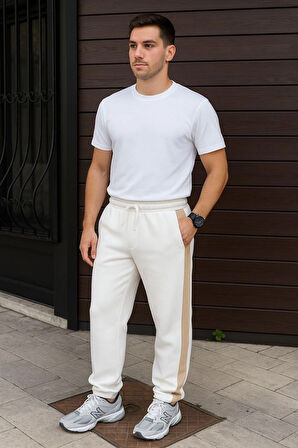 Üç İplik Kışlık Pamuklu Yandan Garneli Kalın Bej Şeritli Cepli Eşofman Altı - Beyaz