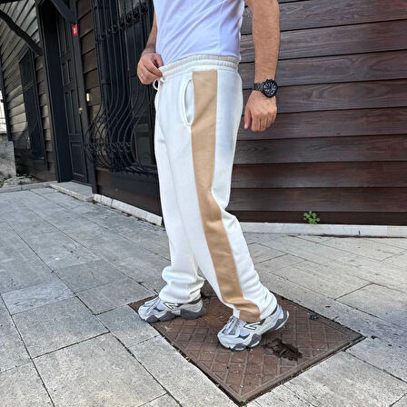 Üç İplik Kışlık Pamuklu Yandan Garneli Kalın Bej Şeritli Cepli Eşofman Altı - Beyaz