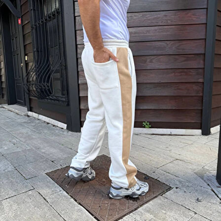 Üç İplik Kışlık Pamuklu Yandan Garneli Kalın Bej Şeritli Cepli Eşofman Altı - Beyaz