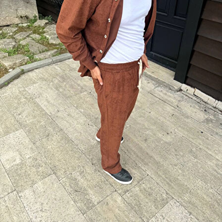 Fitilli Kadife Cepli Buggy Pantolon Oversize Rahat Kalıp - Kahverengi