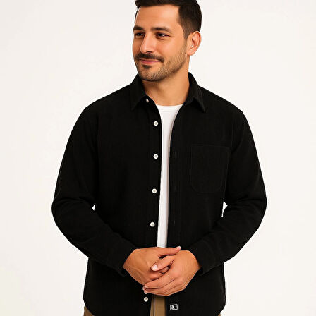 Erkek Fitilli Kadife Cepli Gömlek Oversize Rahat Kalıp - Siyah