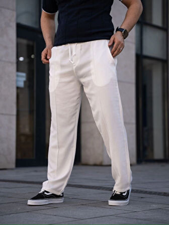 Erkek Keten Cepli Çıma Dikişli jogger Buggy Pantalon Rahat kalıp - Beyaz